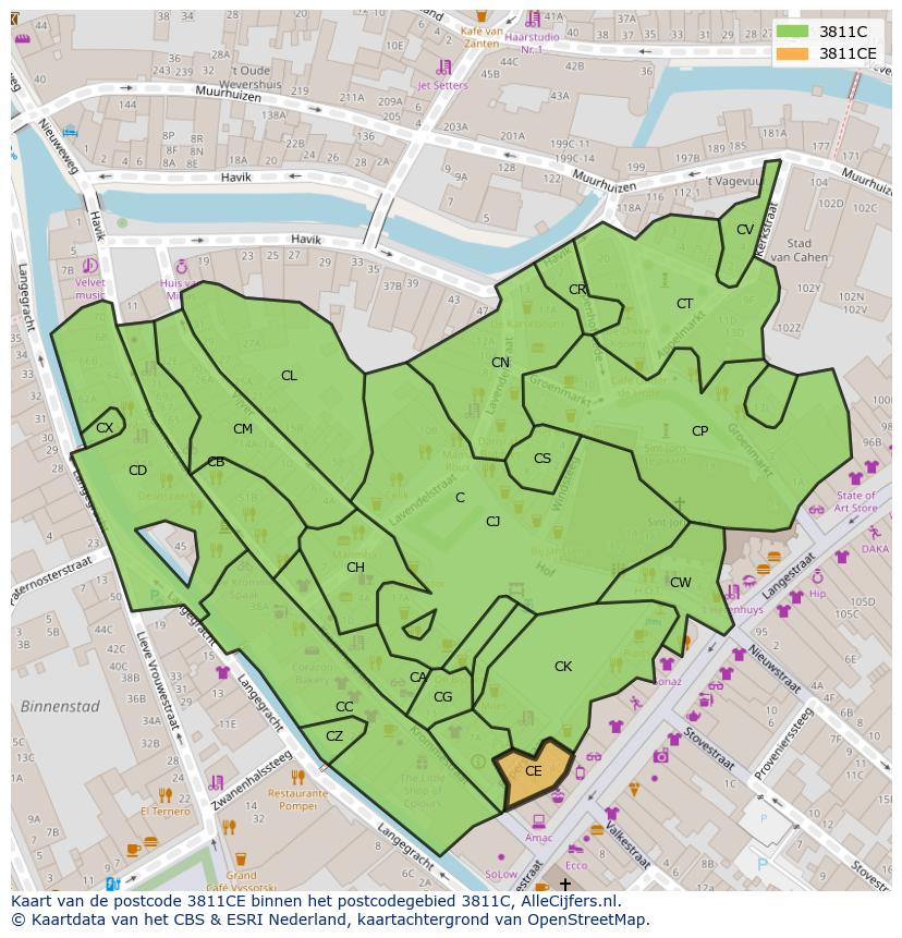Afbeelding van het postcodegebied 3811 CE op de kaart.