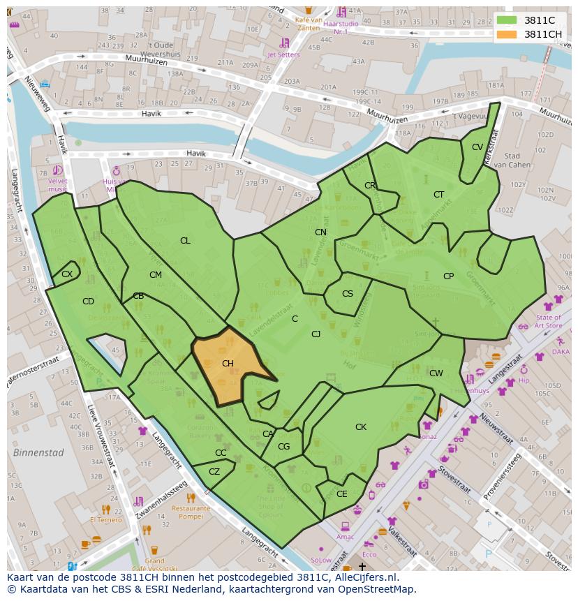 Afbeelding van het postcodegebied 3811 CH op de kaart.