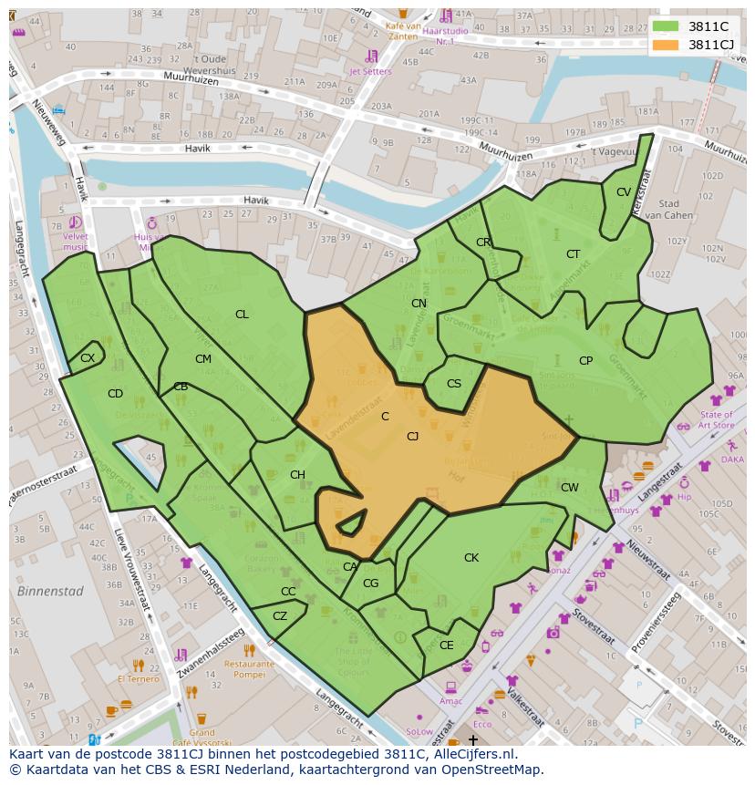 Afbeelding van het postcodegebied 3811 CJ op de kaart.