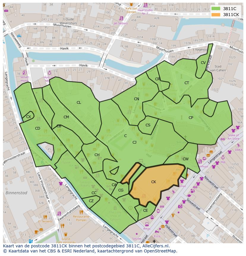Afbeelding van het postcodegebied 3811 CK op de kaart.