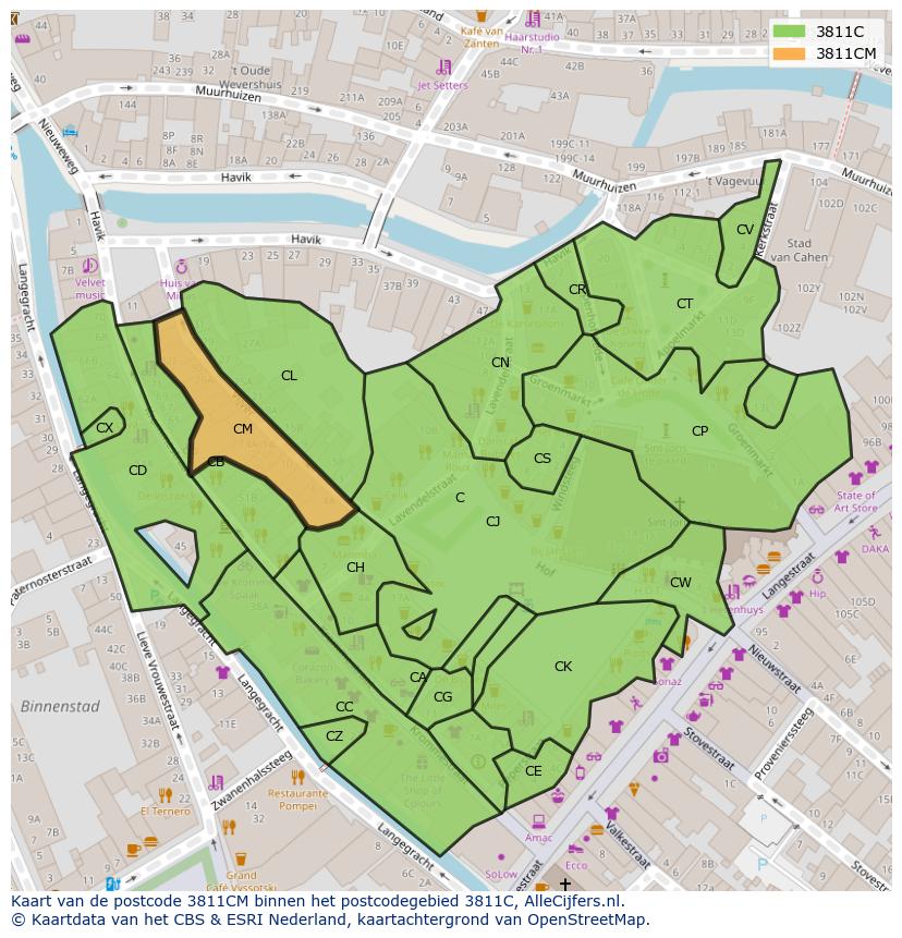 Afbeelding van het postcodegebied 3811 CM op de kaart.