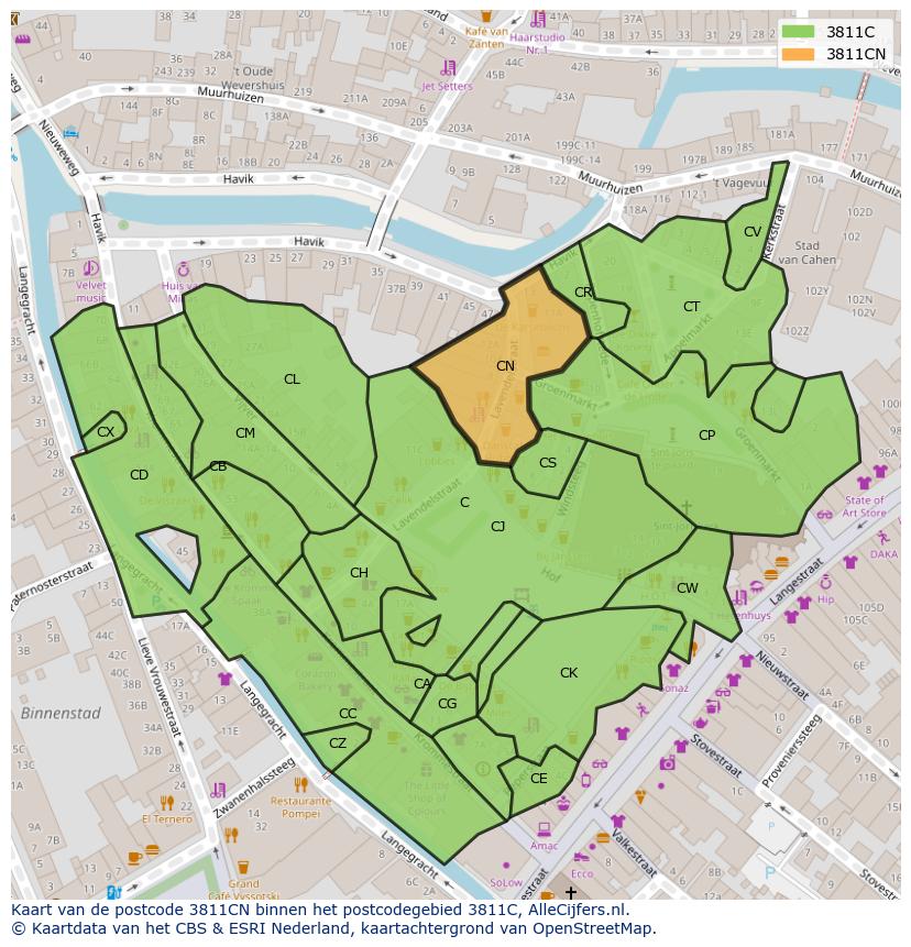 Afbeelding van het postcodegebied 3811 CN op de kaart.