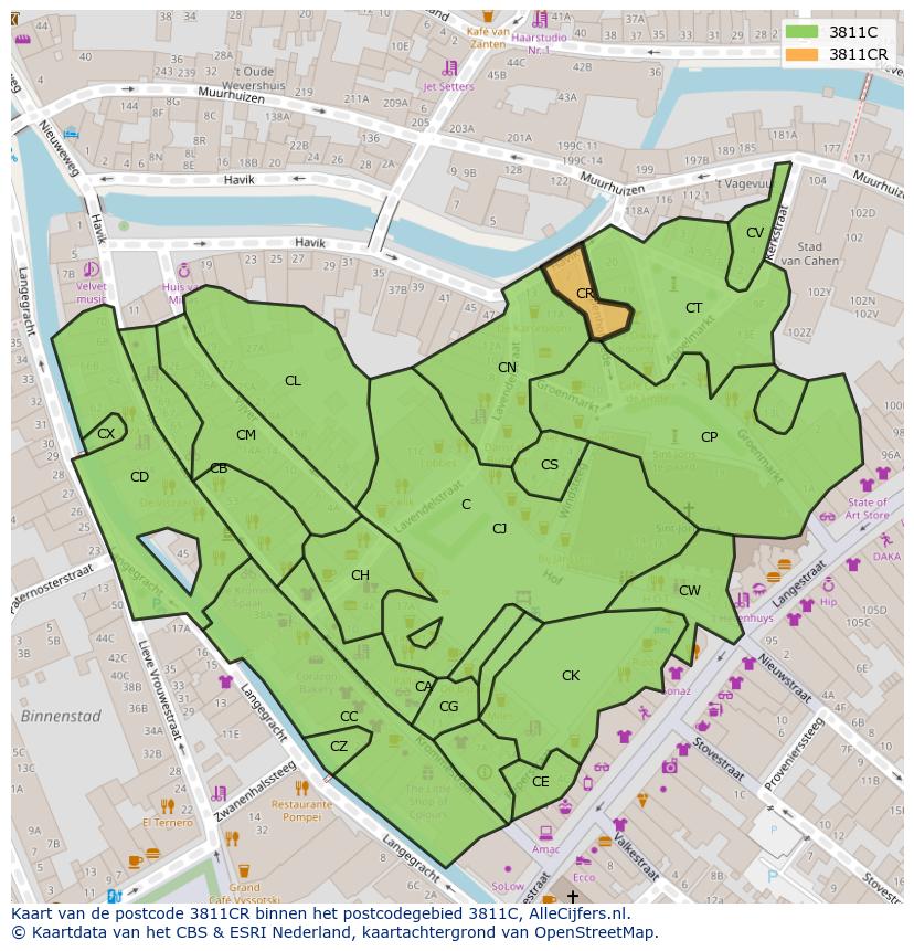 Afbeelding van het postcodegebied 3811 CR op de kaart.