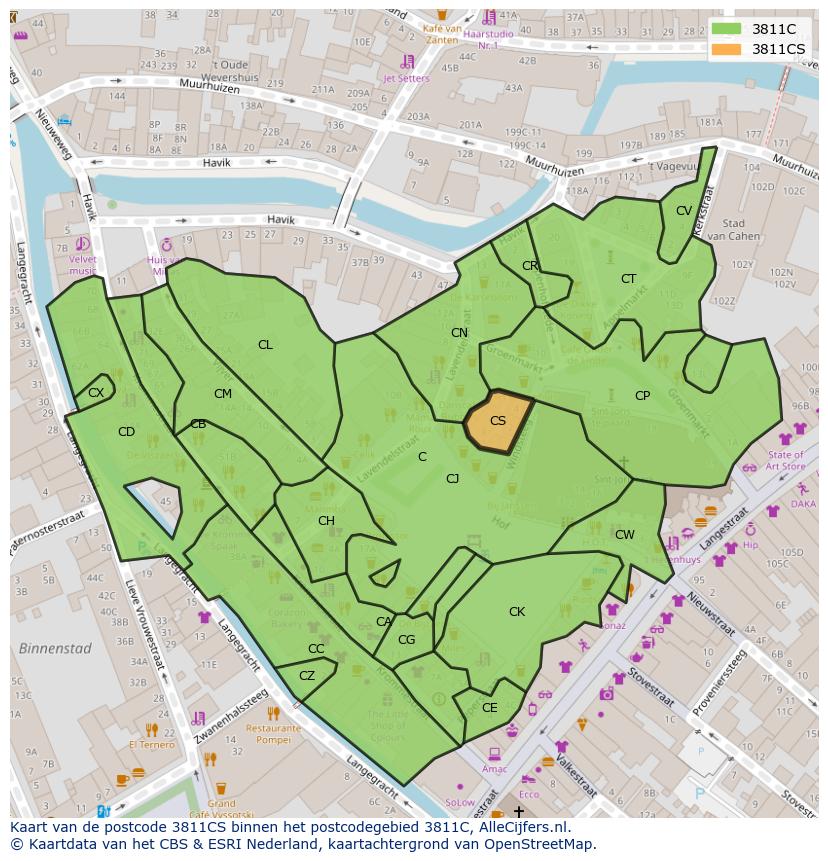 Afbeelding van het postcodegebied 3811 CS op de kaart.