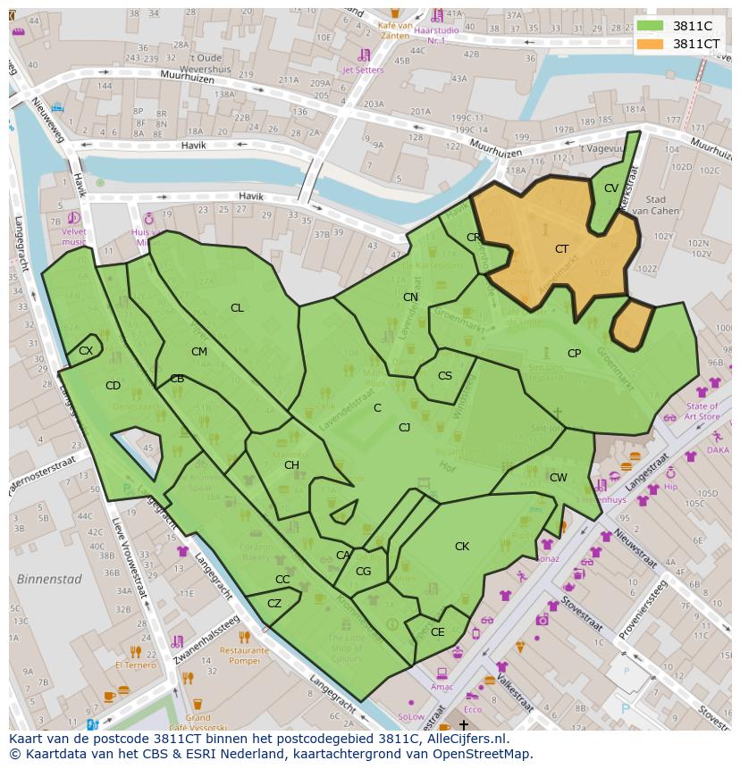 Afbeelding van het postcodegebied 3811 CT op de kaart.