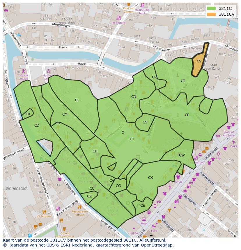 Afbeelding van het postcodegebied 3811 CV op de kaart.