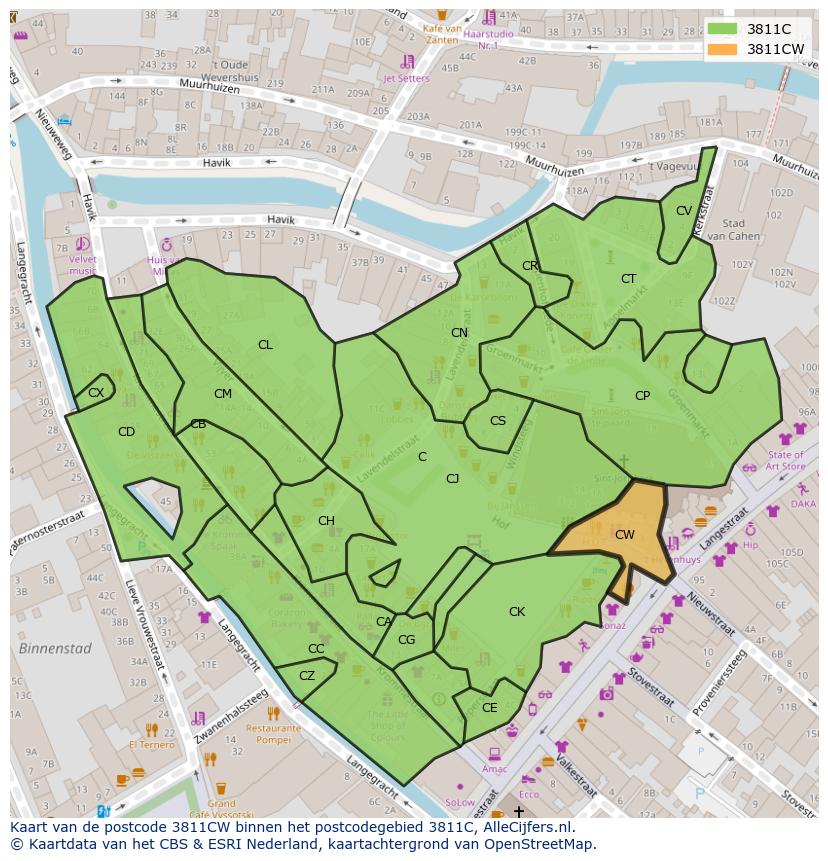Afbeelding van het postcodegebied 3811 CW op de kaart.