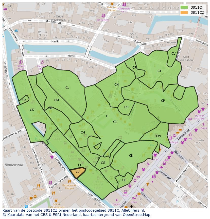 Afbeelding van het postcodegebied 3811 CZ op de kaart.