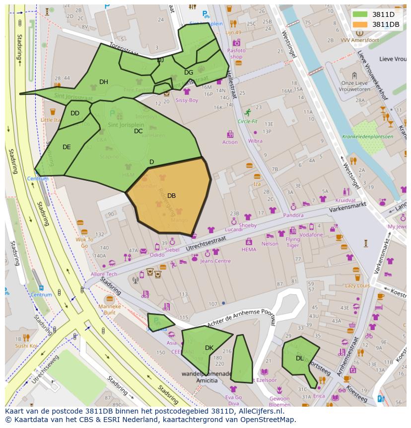 Afbeelding van het postcodegebied 3811 DB op de kaart.