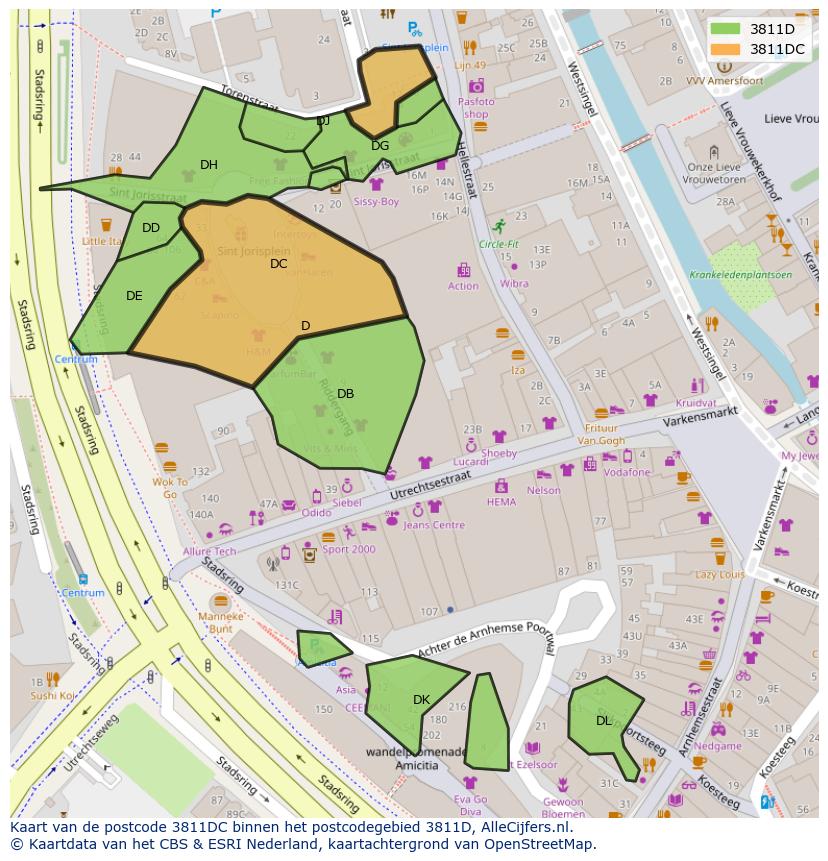 Afbeelding van het postcodegebied 3811 DC op de kaart.