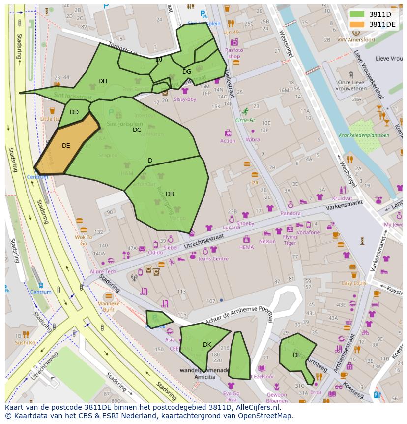 Afbeelding van het postcodegebied 3811 DE op de kaart.