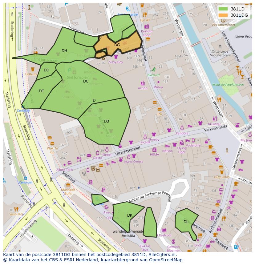 Afbeelding van het postcodegebied 3811 DG op de kaart.