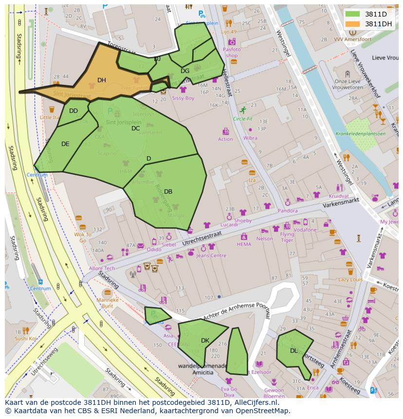 Afbeelding van het postcodegebied 3811 DH op de kaart.
