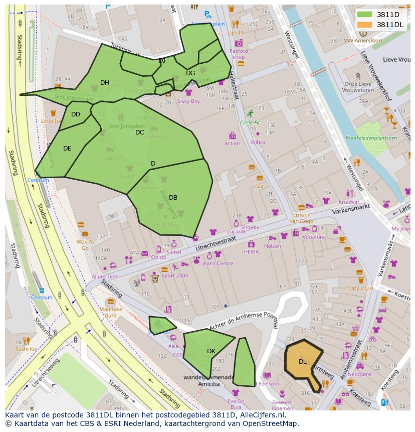 Afbeelding van het postcodegebied 3811 DL op de kaart.