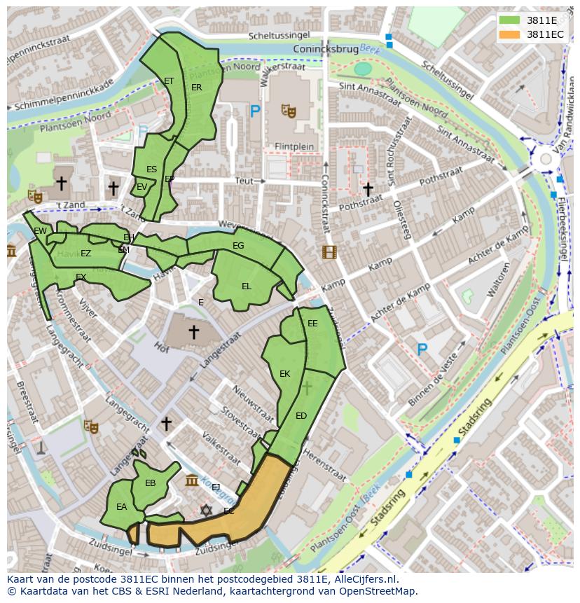 Afbeelding van het postcodegebied 3811 EC op de kaart.
