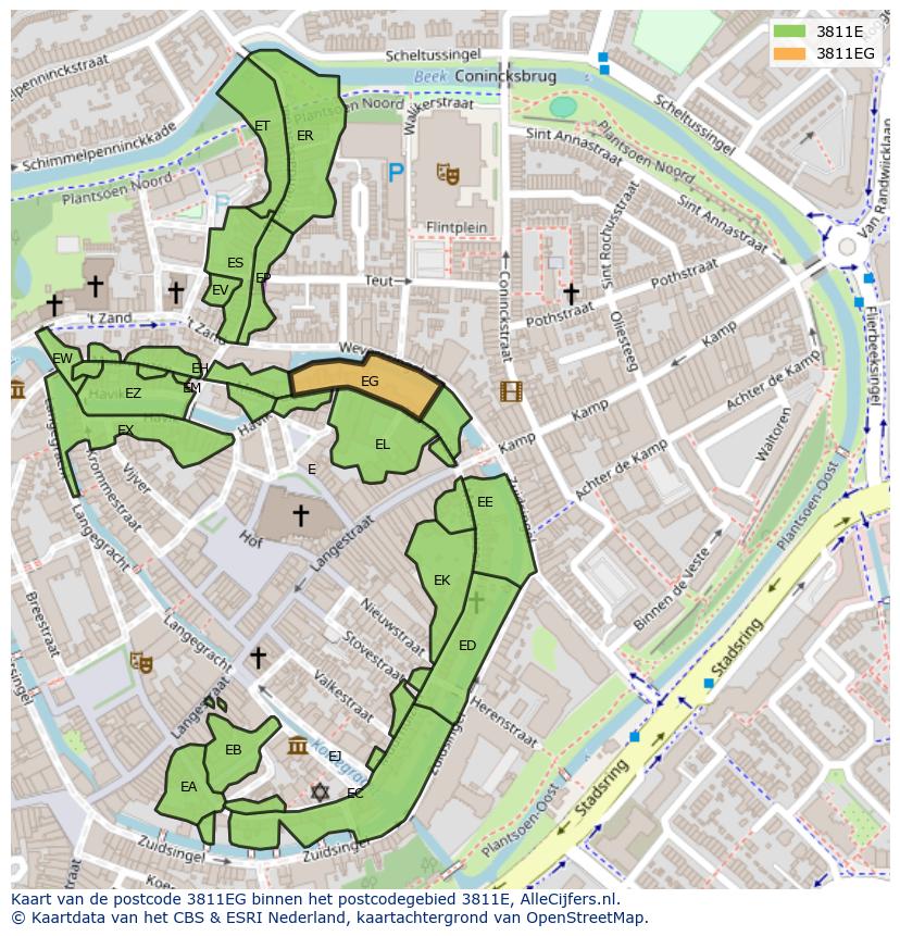 Afbeelding van het postcodegebied 3811 EG op de kaart.