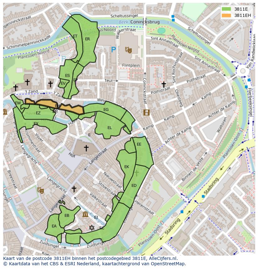 Afbeelding van het postcodegebied 3811 EH op de kaart.