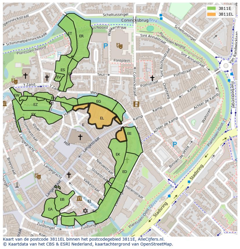 Afbeelding van het postcodegebied 3811 EL op de kaart.