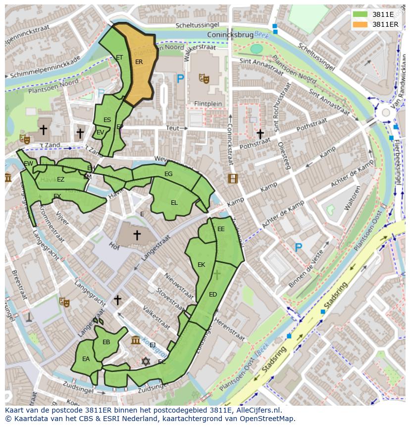 Afbeelding van het postcodegebied 3811 ER op de kaart.