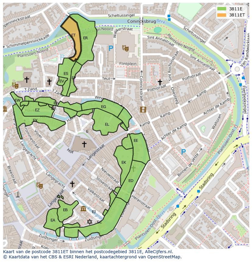Afbeelding van het postcodegebied 3811 ET op de kaart.