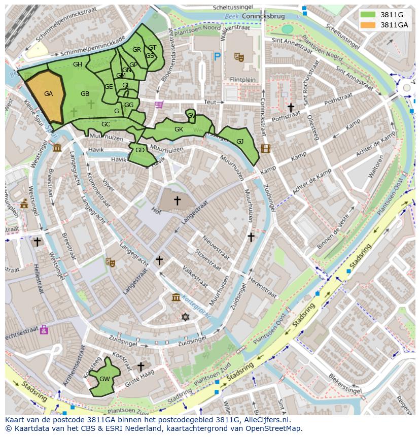 Afbeelding van het postcodegebied 3811 GA op de kaart.