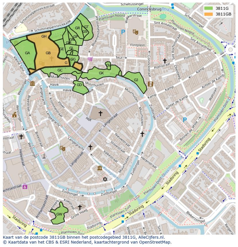 Afbeelding van het postcodegebied 3811 GB op de kaart.
