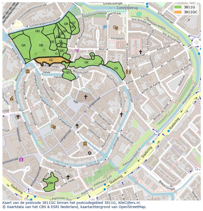 Afbeelding van het postcodegebied 3811 GC op de kaart.