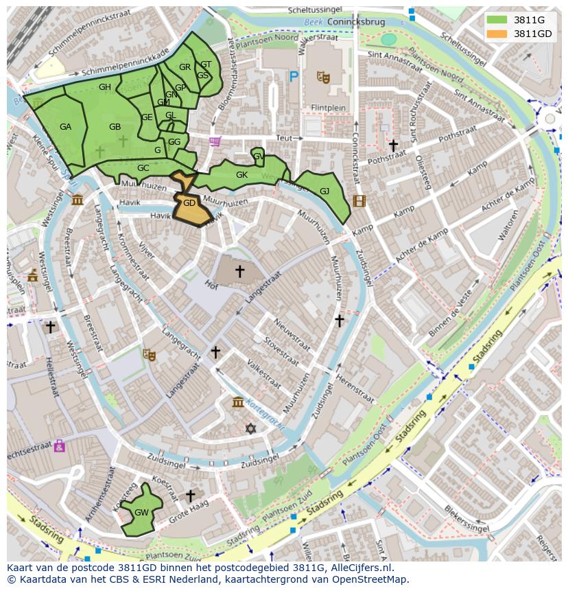 Afbeelding van het postcodegebied 3811 GD op de kaart.