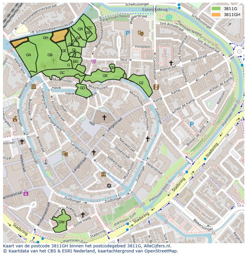 Afbeelding van het postcodegebied 3811 GH op de kaart.