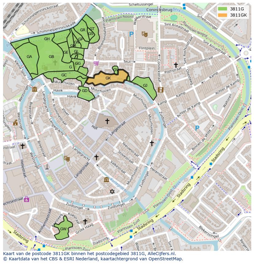 Afbeelding van het postcodegebied 3811 GK op de kaart.