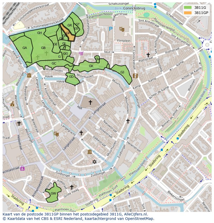 Afbeelding van het postcodegebied 3811 GP op de kaart.