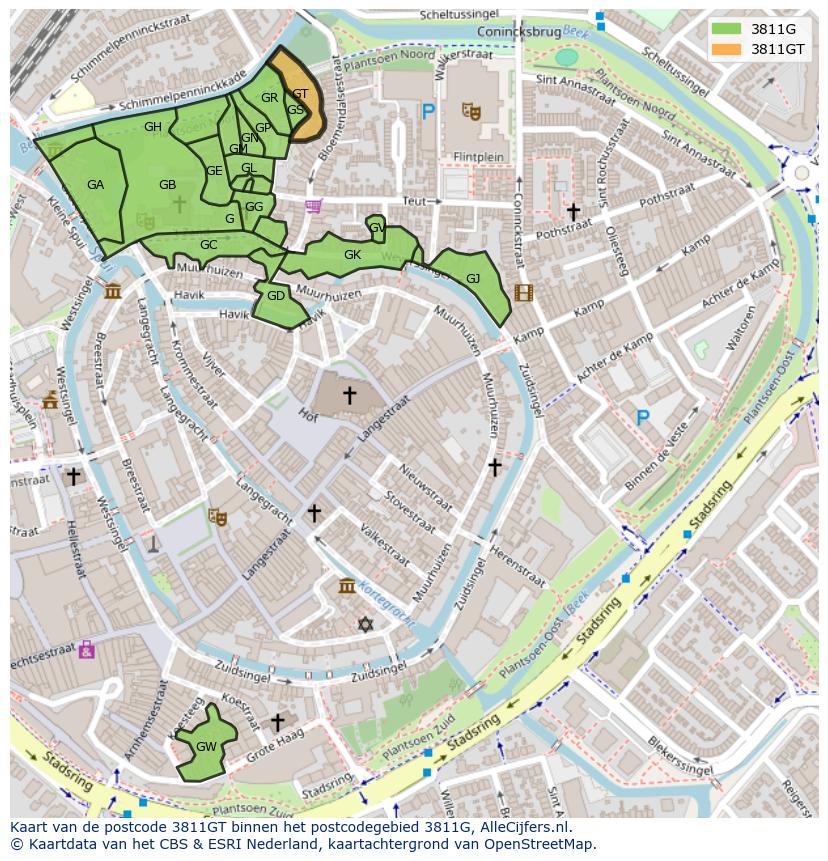 Afbeelding van het postcodegebied 3811 GT op de kaart.