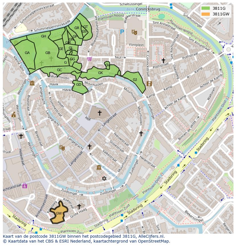 Afbeelding van het postcodegebied 3811 GW op de kaart.