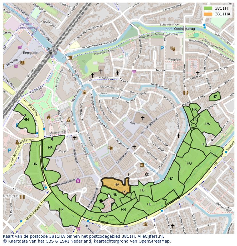 Afbeelding van het postcodegebied 3811 HA op de kaart.