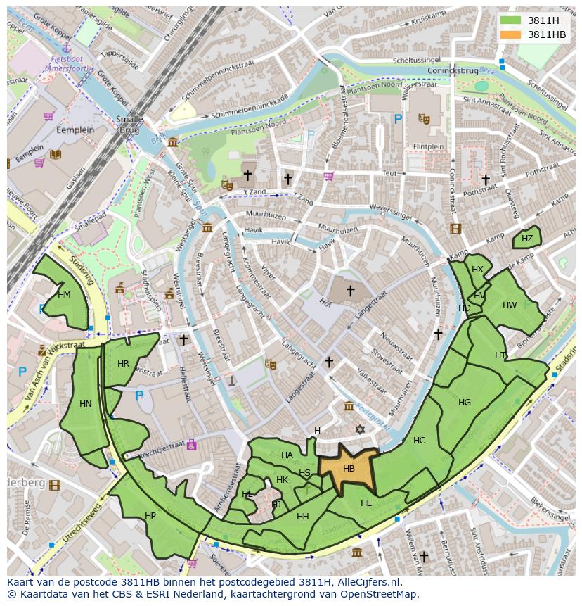 Afbeelding van het postcodegebied 3811 HB op de kaart.