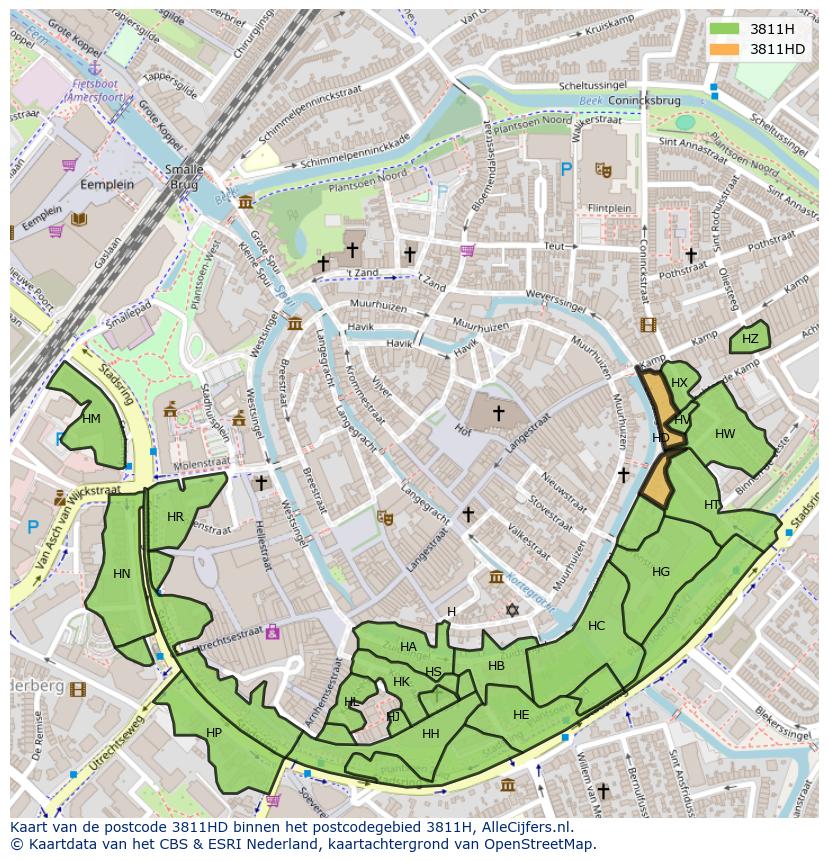 Afbeelding van het postcodegebied 3811 HD op de kaart.