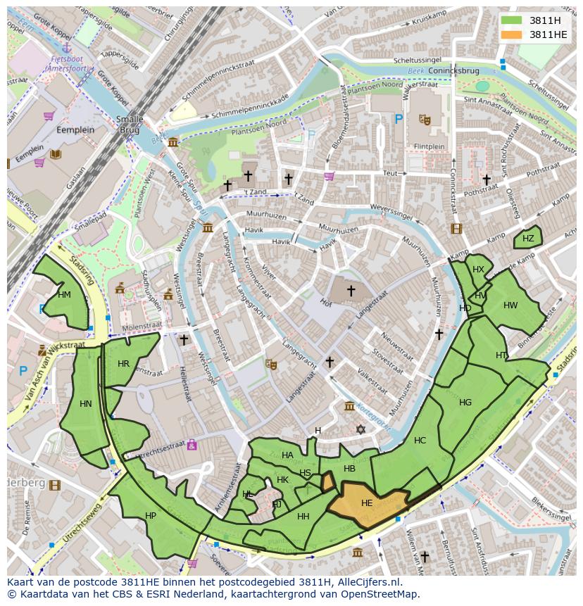Afbeelding van het postcodegebied 3811 HE op de kaart.