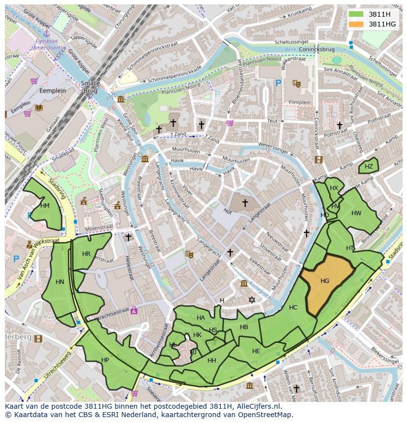 Afbeelding van het postcodegebied 3811 HG op de kaart.