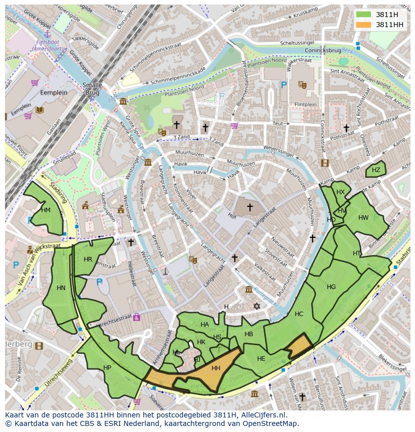 Afbeelding van het postcodegebied 3811 HH op de kaart.