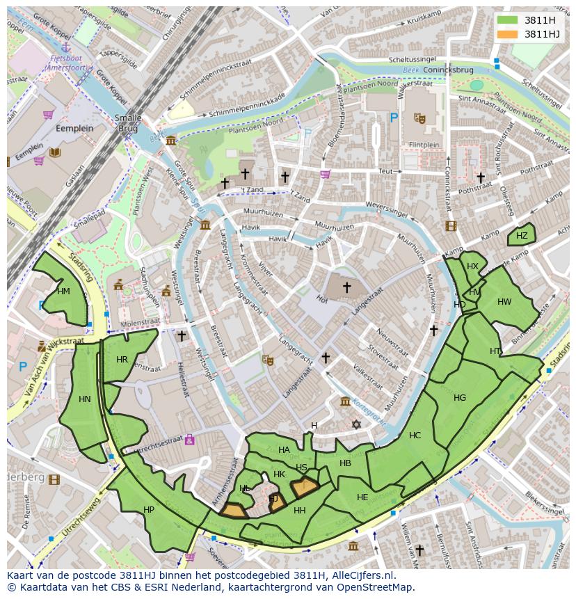 Afbeelding van het postcodegebied 3811 HJ op de kaart.