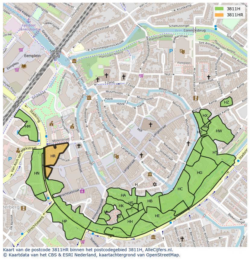 Afbeelding van het postcodegebied 3811 HR op de kaart.