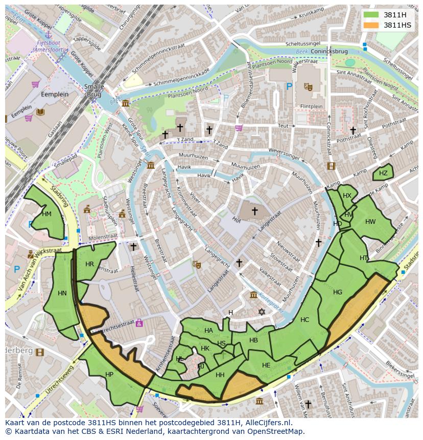 Afbeelding van het postcodegebied 3811 HS op de kaart.