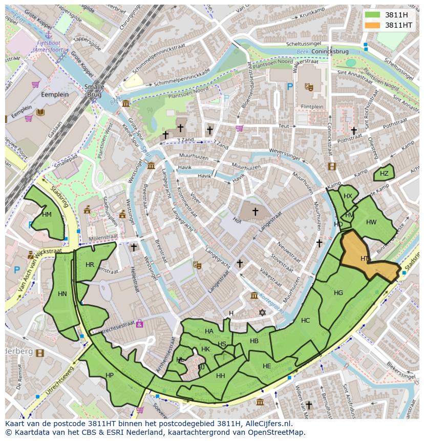 Afbeelding van het postcodegebied 3811 HT op de kaart.