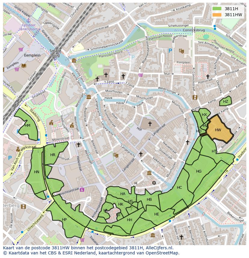 Afbeelding van het postcodegebied 3811 HW op de kaart.