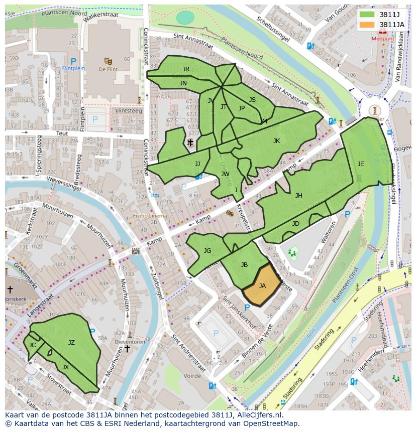 Afbeelding van het postcodegebied 3811 JA op de kaart.
