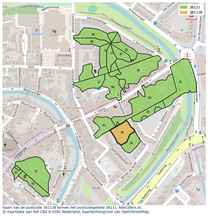 Afbeelding van het postcodegebied 3811 JB op de kaart.