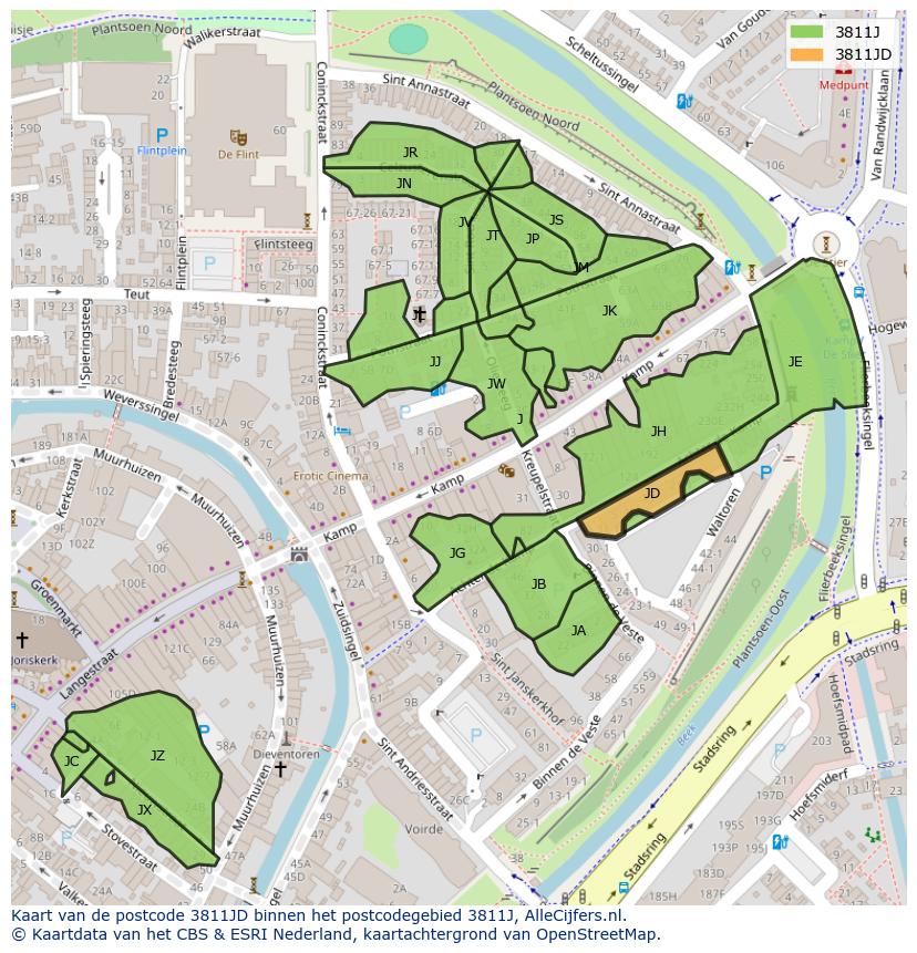 Afbeelding van het postcodegebied 3811 JD op de kaart.