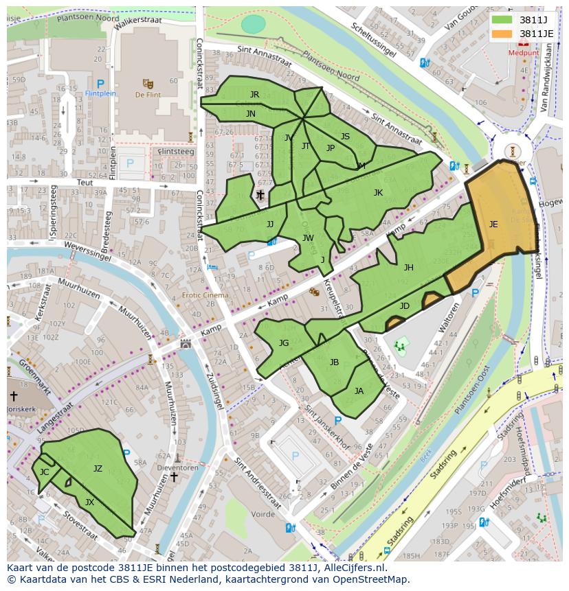Afbeelding van het postcodegebied 3811 JE op de kaart.