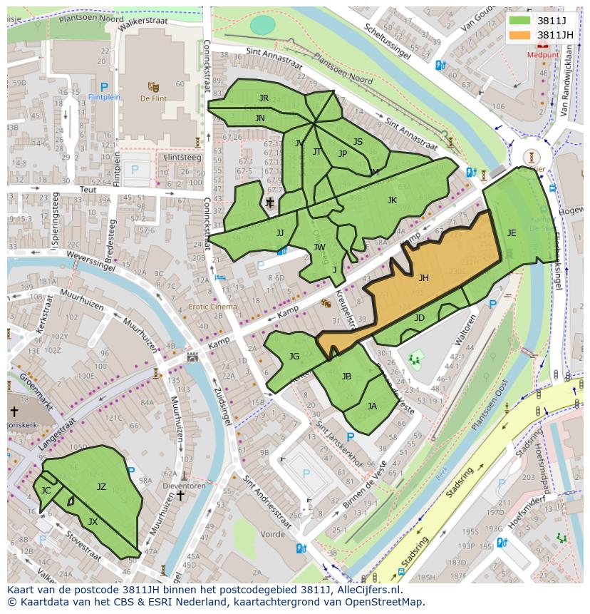 Afbeelding van het postcodegebied 3811 JH op de kaart.