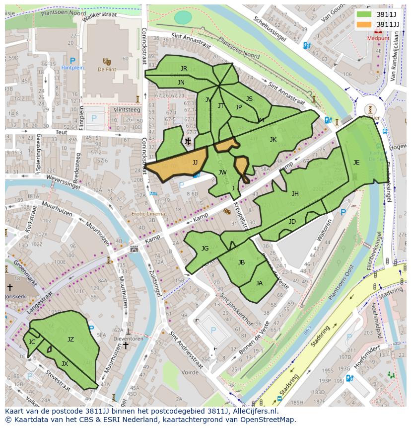 Afbeelding van het postcodegebied 3811 JJ op de kaart.